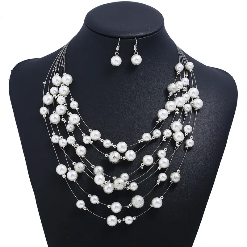 Multilayer Pearl Pendant Necklace Set