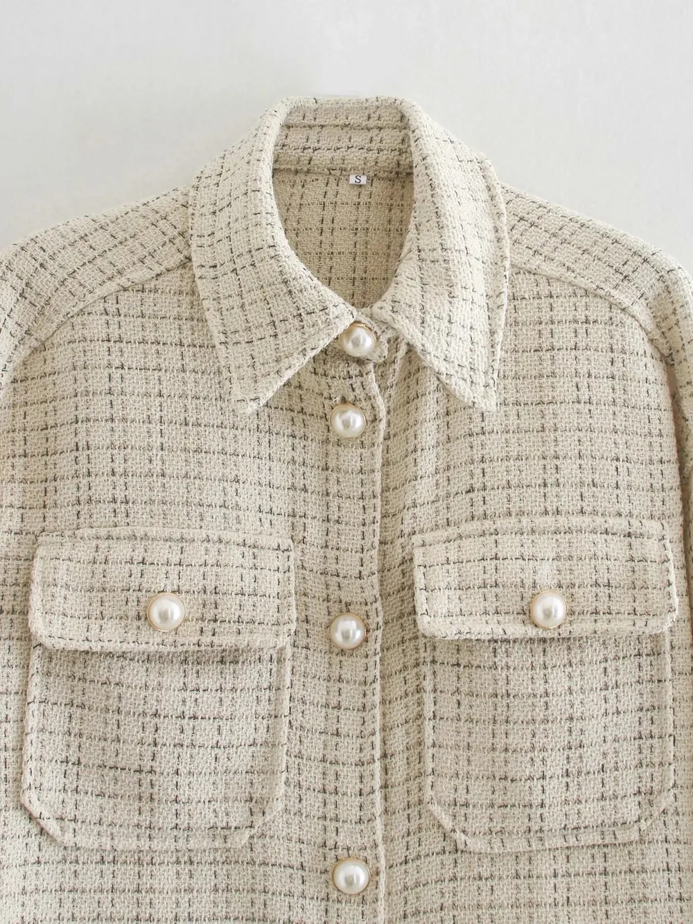 Plaid Pearl-Button Cardigan Coat