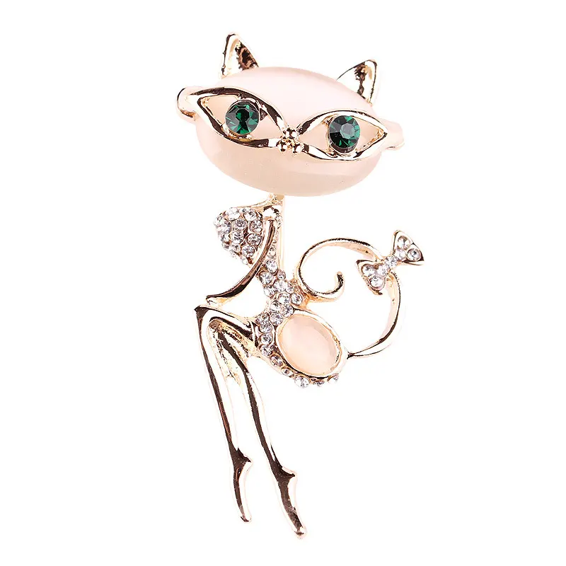 Silver Cat Brooch with Opal and Rhinestone