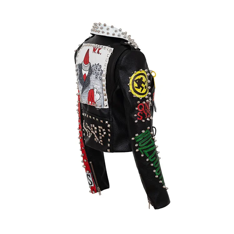 Graffiti Print Faux Leather Moto Jacket