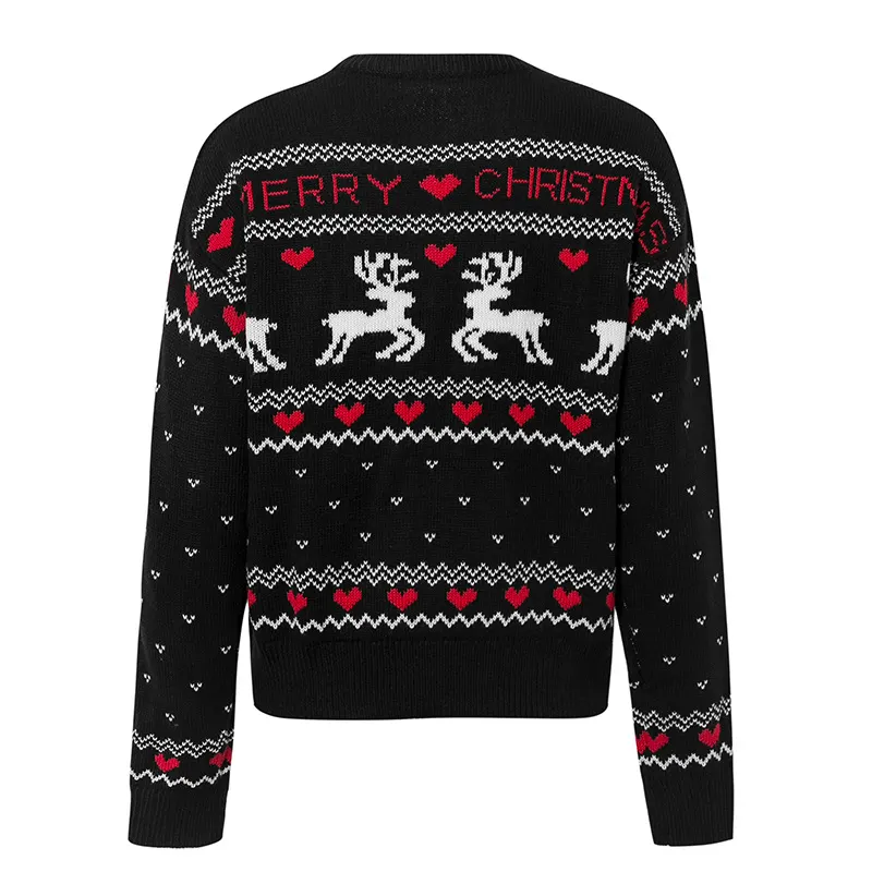 Elk and Heart Print Knit Sweater