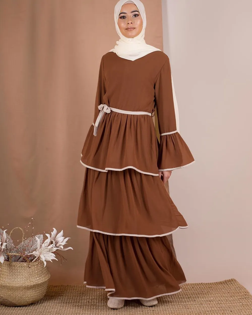 Tiered Long Dress with Trumpet Sleeves and Scarf