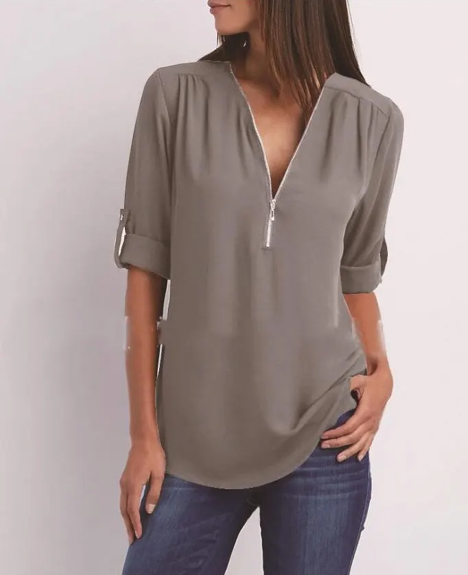 Zip-Front V-Neck Short Sleeve Shirt