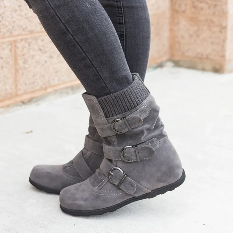 Matte Buckle Strap Winter Boots