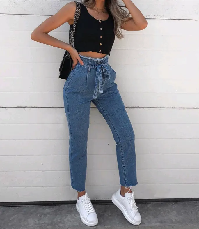 High-Waisted Washed Denim Pencil Jeans