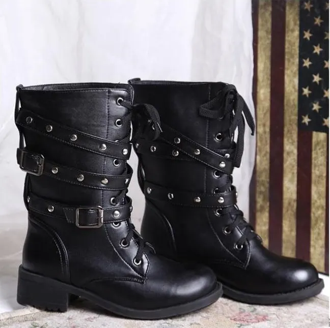 Lace-Up Mid-Calf Boots with Rivets