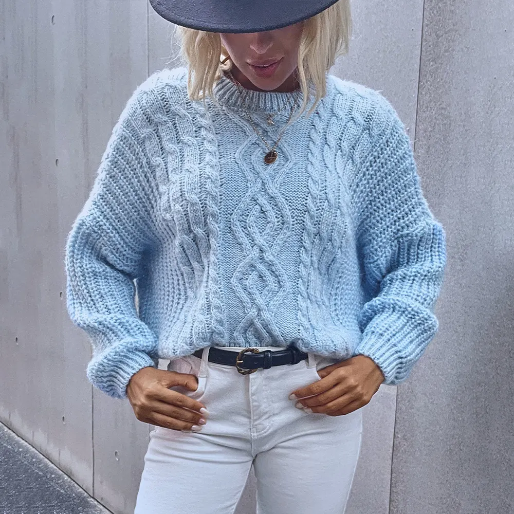 Relaxed Blue Round-Neck Knit Sweater