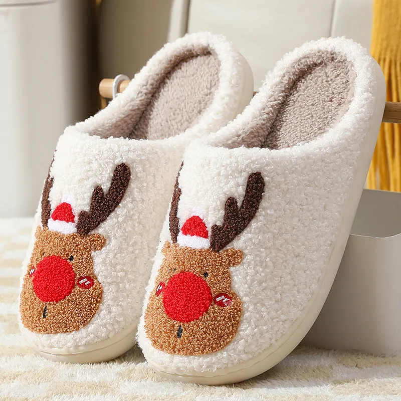 Plush Elk Motif Slip-On Slippers