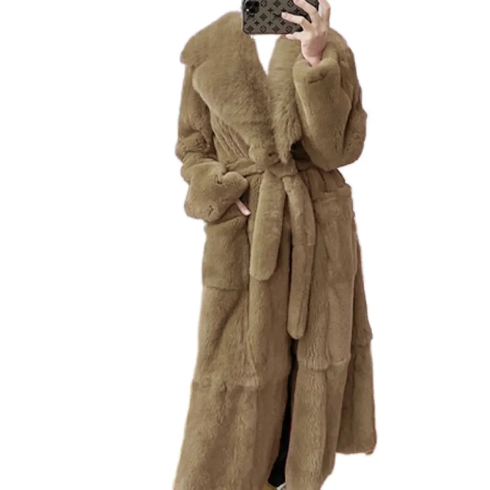V-Neck Faux Fur Mid-Length Coat