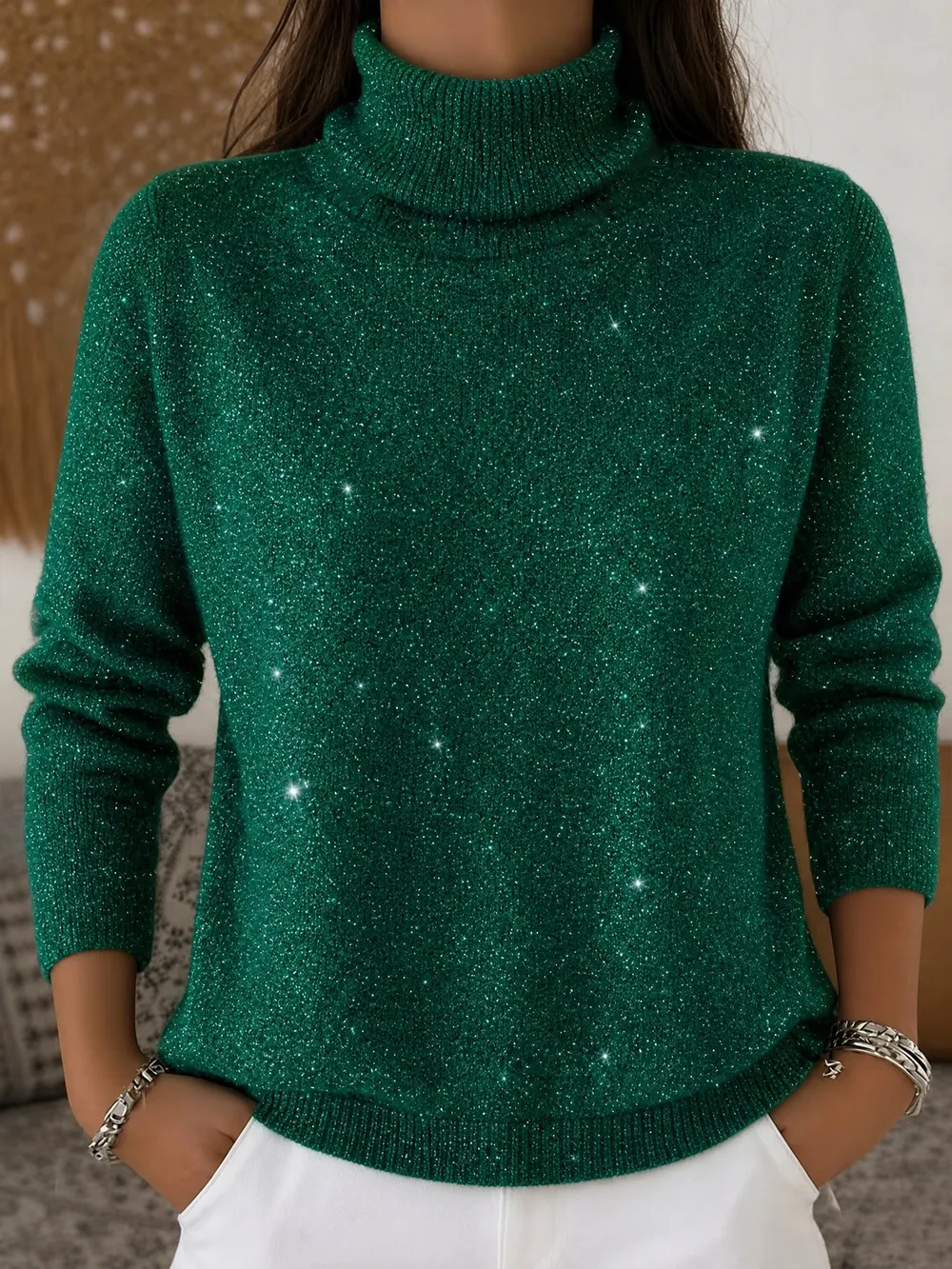 Sequin Turtleneck Knit Sweater