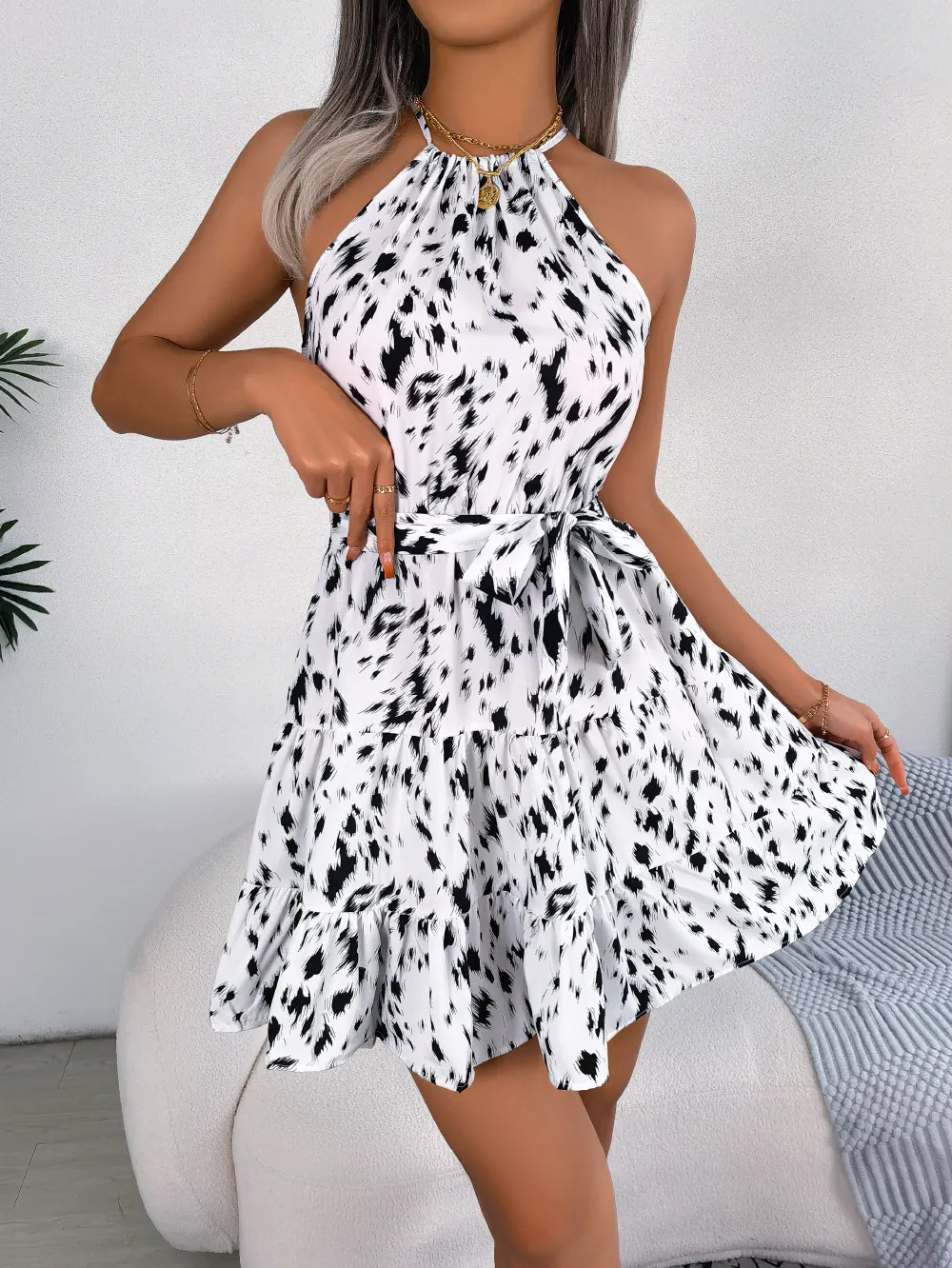 Leopard Print Chiffon Halter Swing Dress