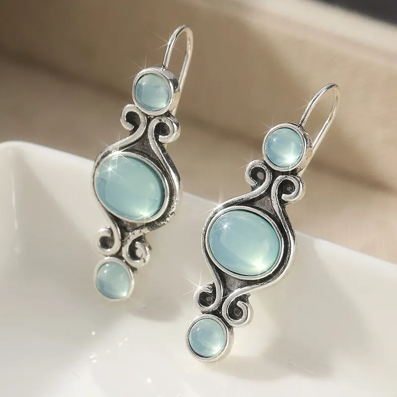 Blue Stone Scroll Drop Earrings