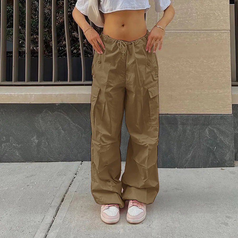 Solid-Color Drawstring Cargo Trousers