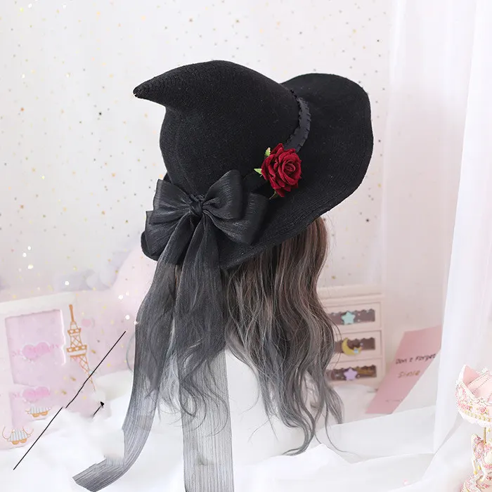 Wide Brim Witch Hat with Rose Bow