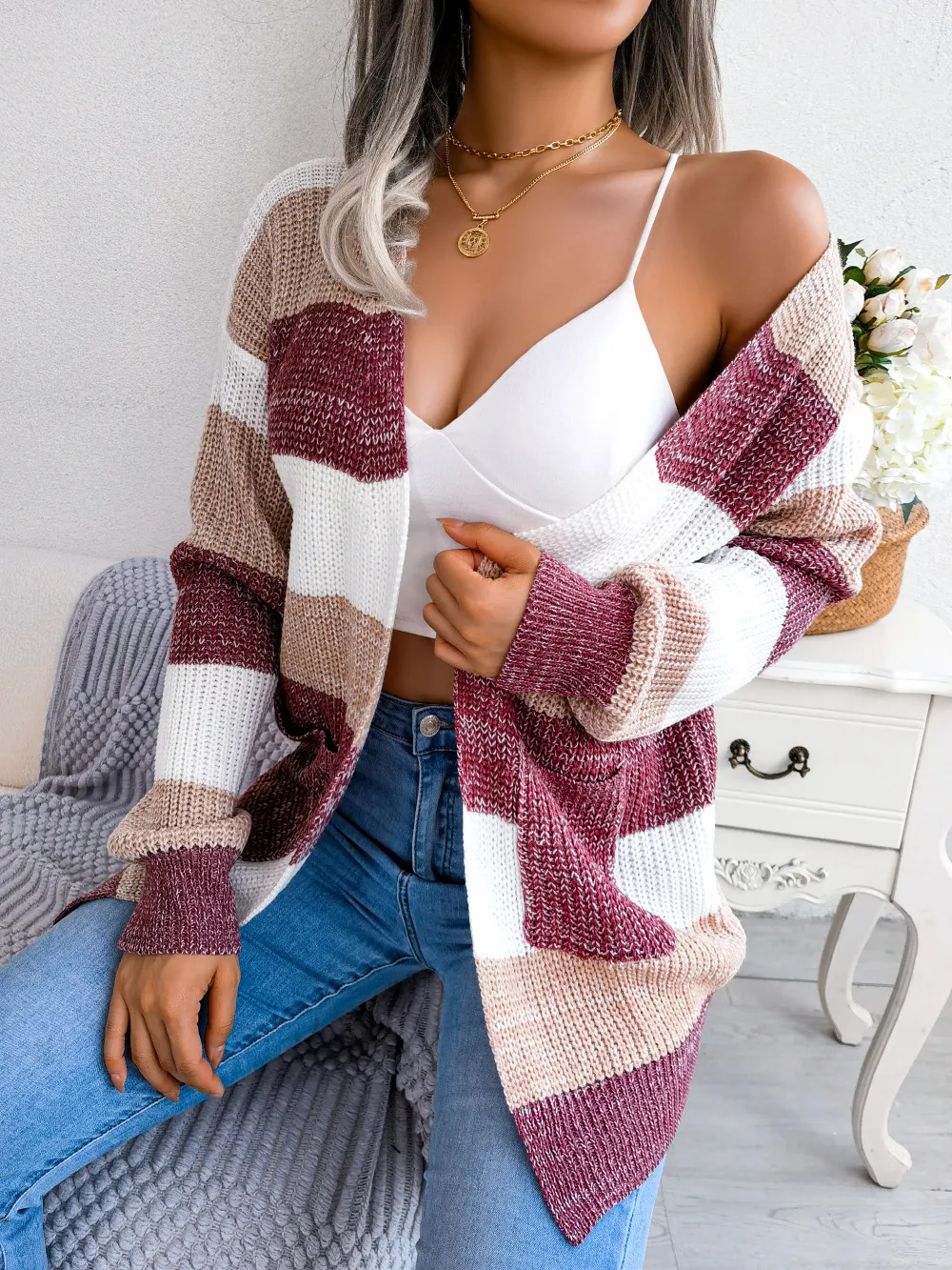 Lantern-Sleeve Plaid Cardigan