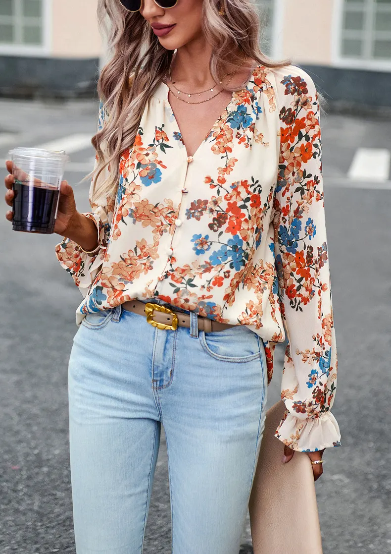 Floral Print V-Neck Chiffon Blouse