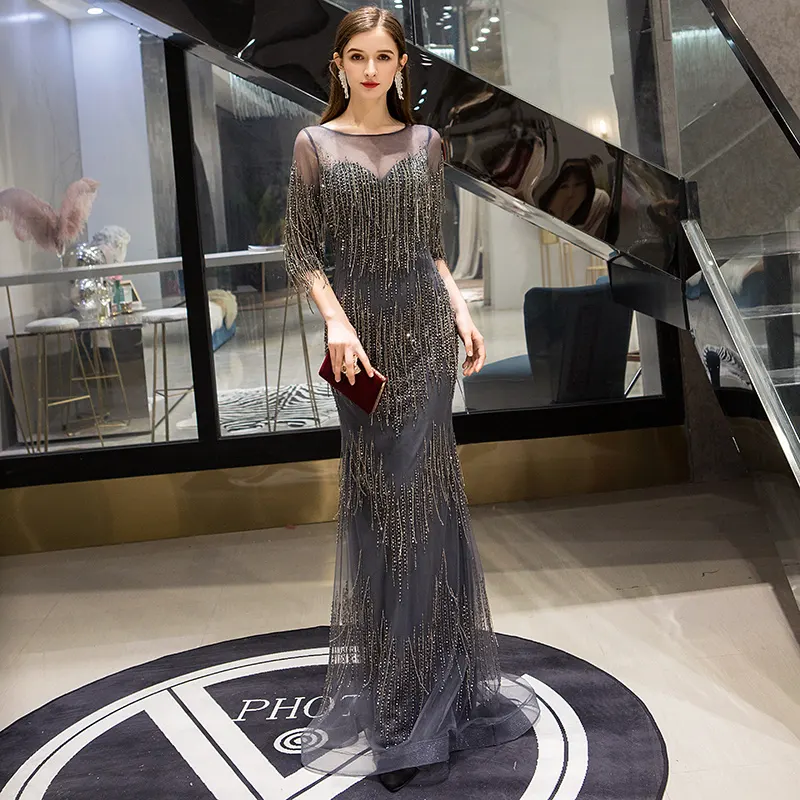 Pearl-Beaded Long Evening Gown