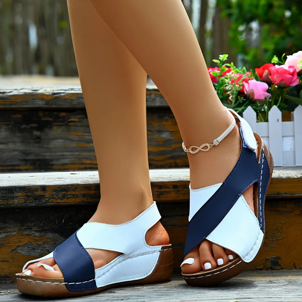 Colorblock Cross-Strap Wedge Sandals