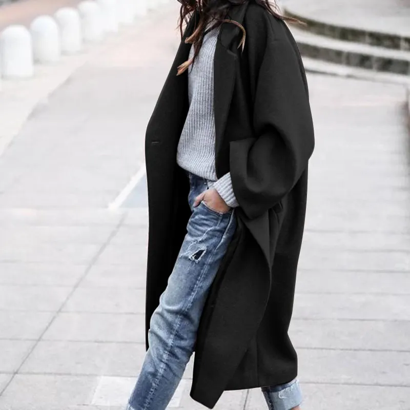Long Single-Breasted Lapel Coat with Pockets