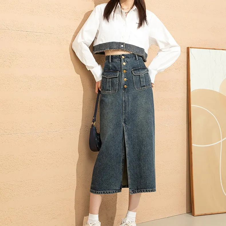 High Waist Cotton Denim Skirt