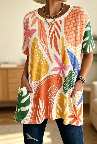 Tropical Print Cotton Tunic Top with Pockets