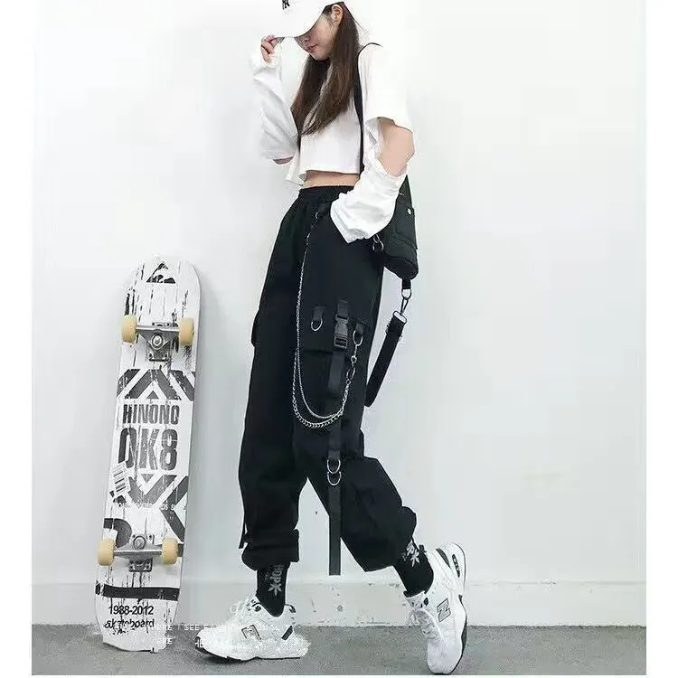 Black High-Waist Harem Cargo Trousers