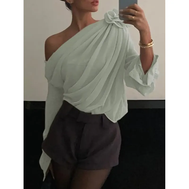 Asymmetrical Ruched Off-Shoulder Chiffon Blouse