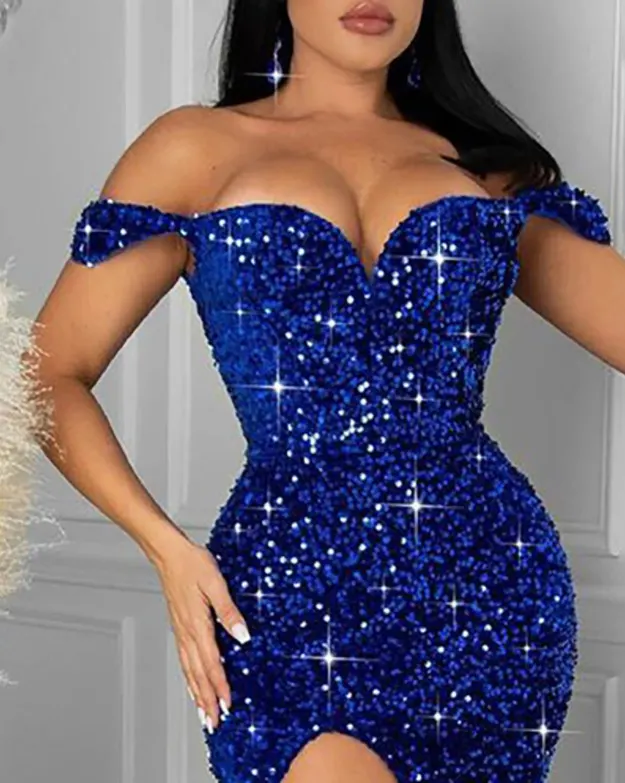 Blue Sequin Strapless Evening Gown