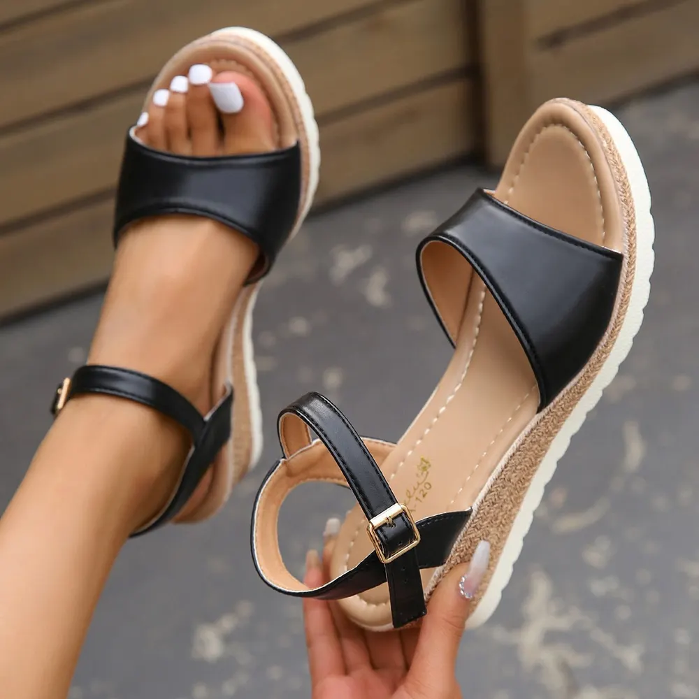 Open-Toe Ankle Buckle Wedge Sandals