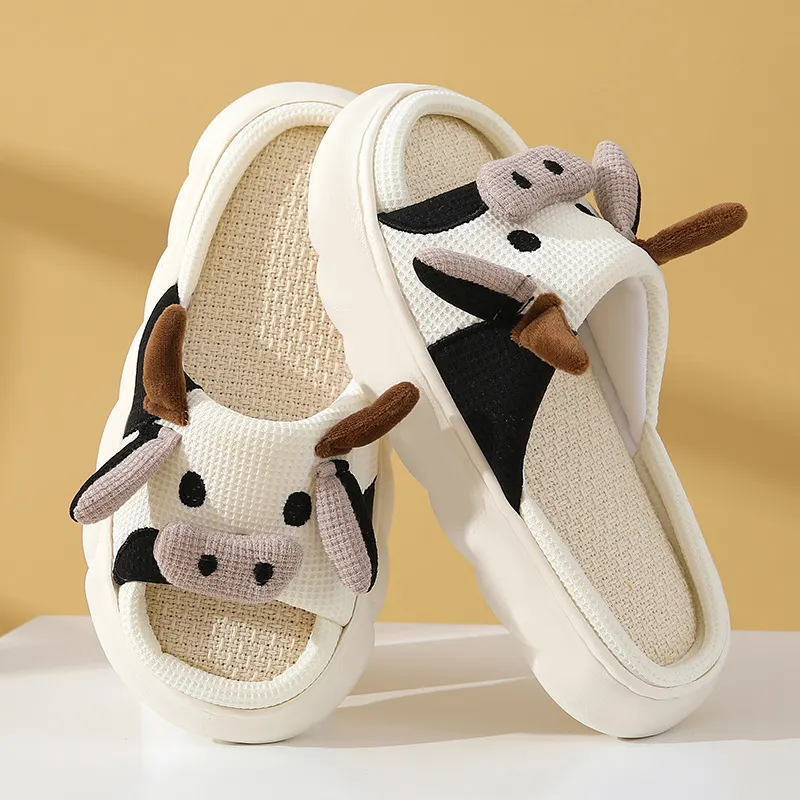 Linen Cartoon Cow and Frog Slippers