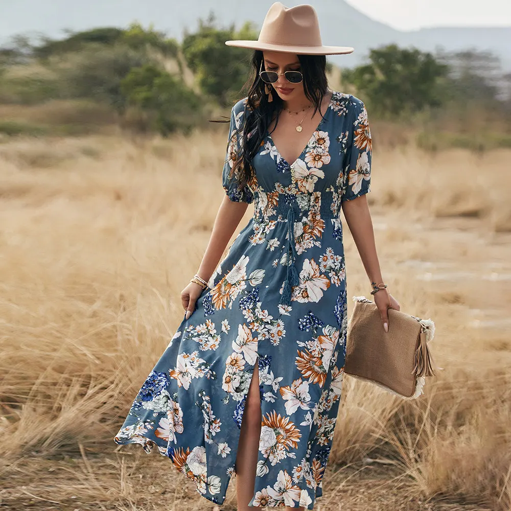 Floral V-Neck Mid-Length Summer Dress