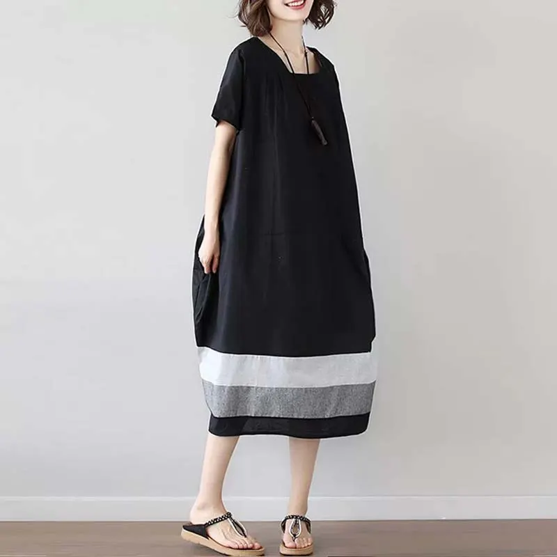 Linen-Blend Short Sleeve Midi Dress