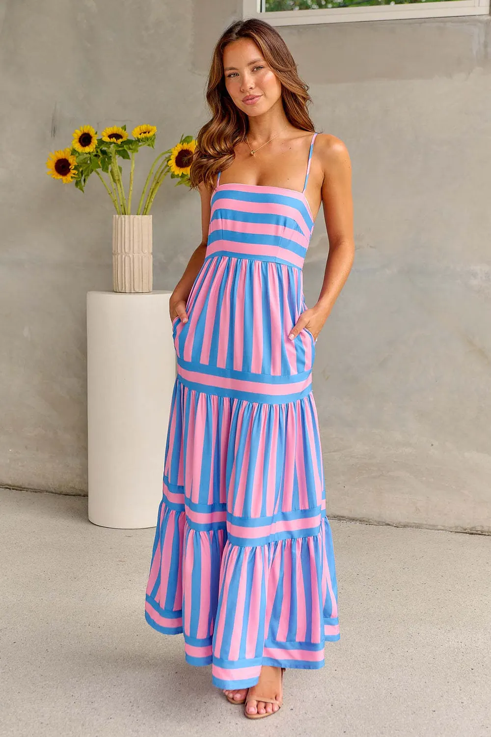 Striped Square-Neck Maxi Dress with Pockets