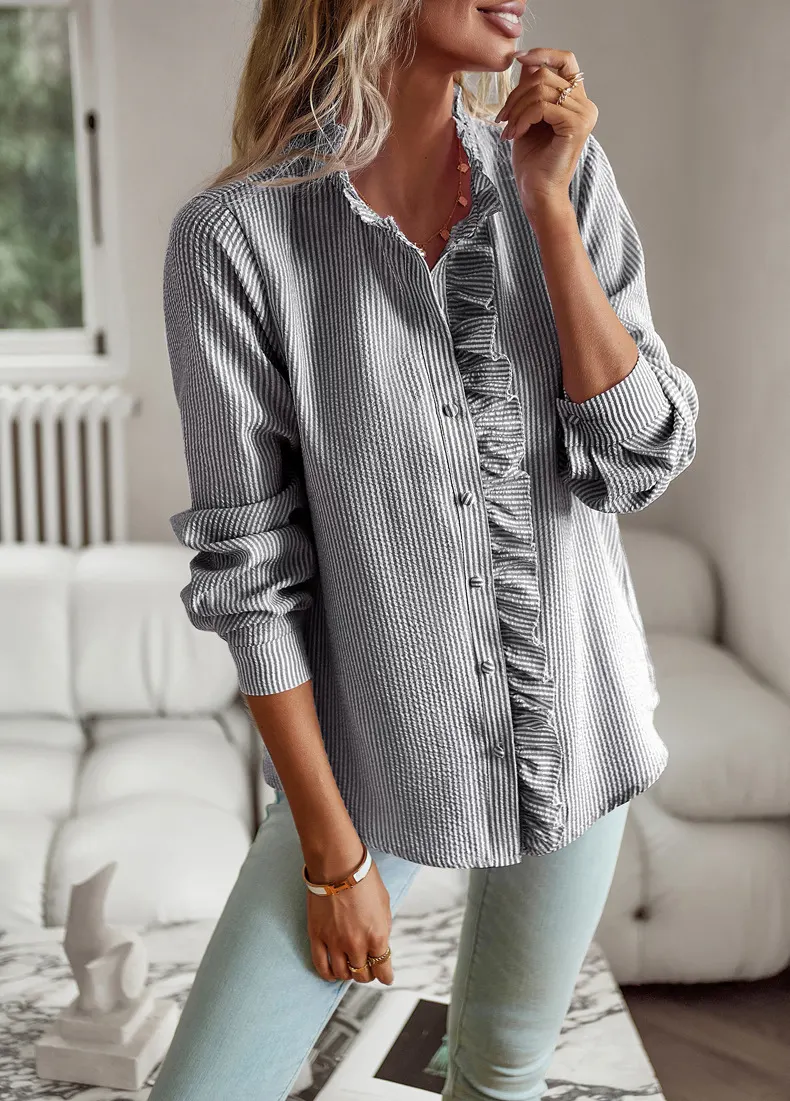Striped Ruffle Button-Up Shirt