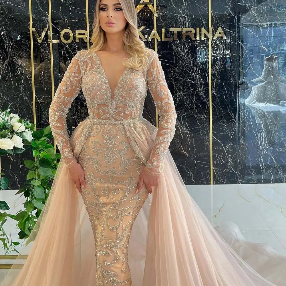 Long-Sleeve V-Neck Wedding Dress with Train