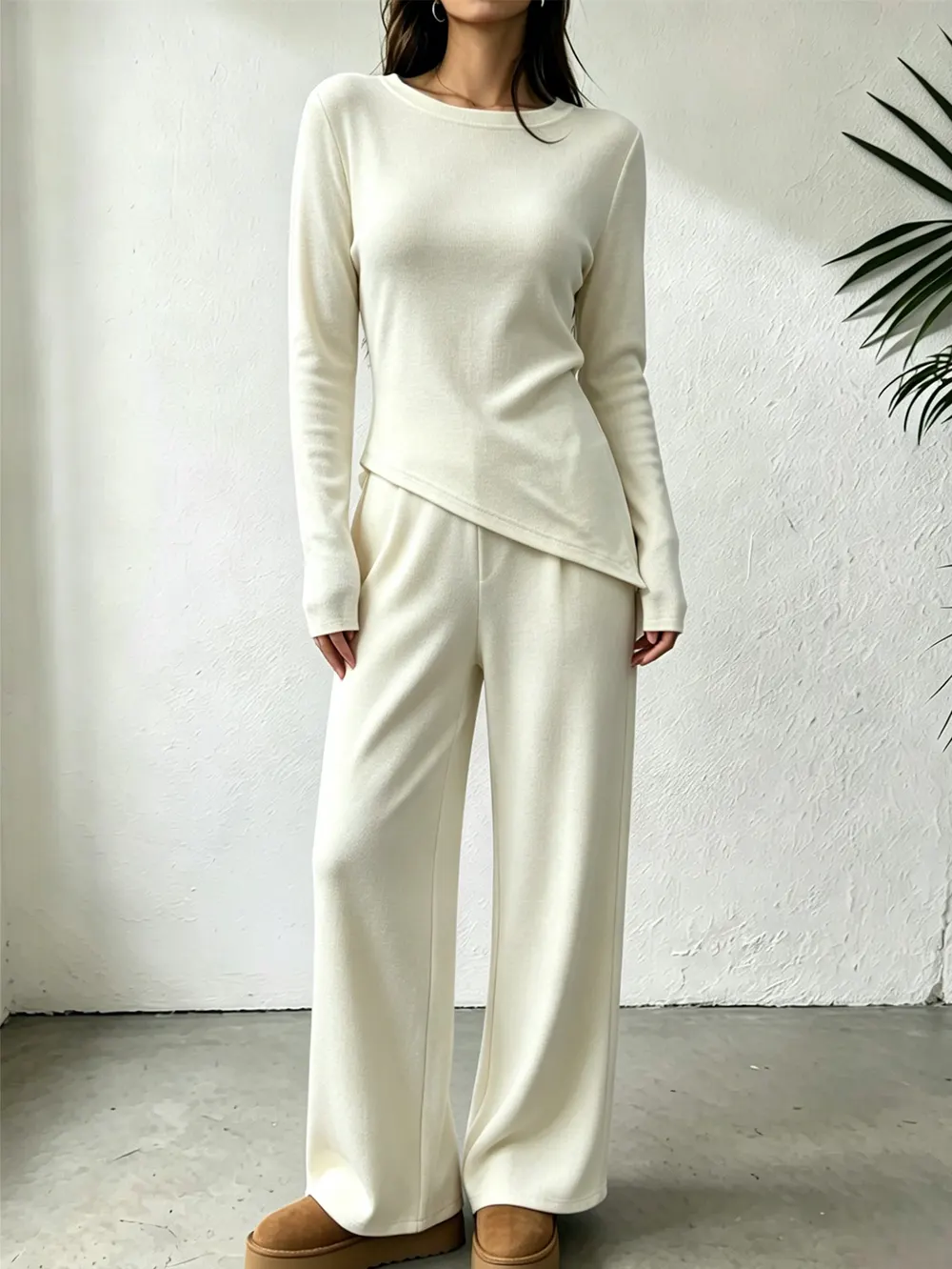 Apricot Knit Top and Wide-Leg Trouser Set