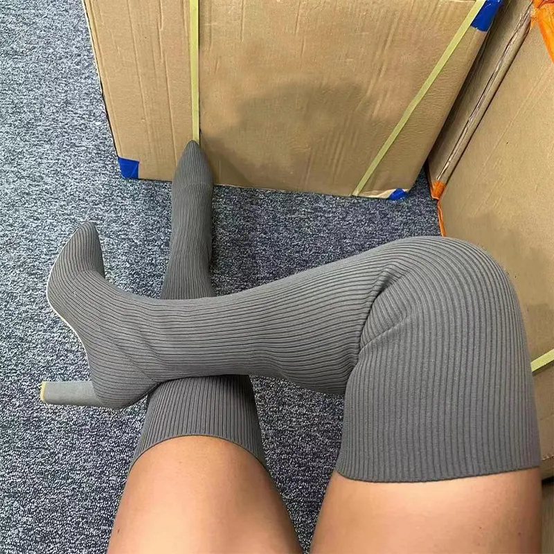 Pointed Toe Over-Knee Stretch Knit Boots