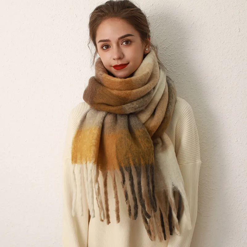 Oversized Twill Plaid Tassel Scarf
