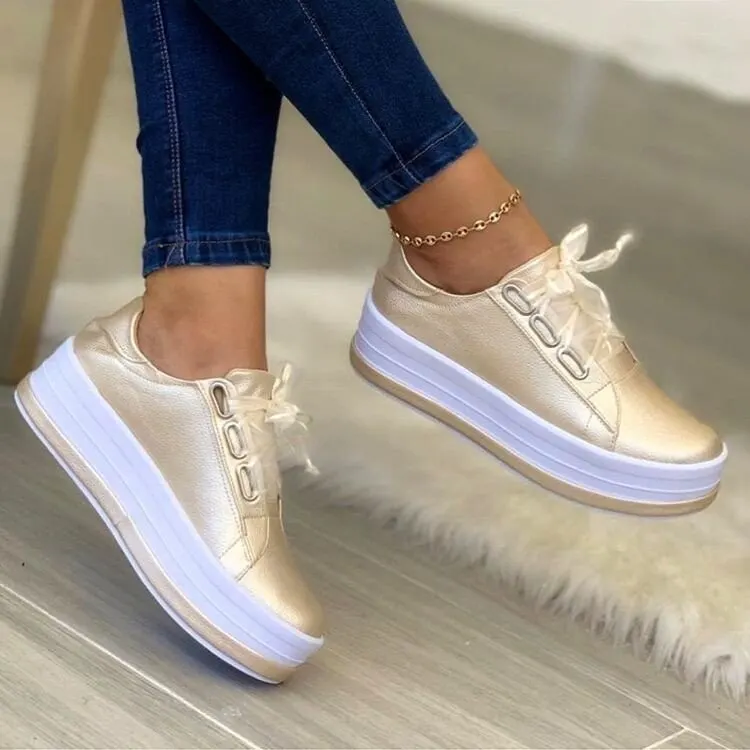 Metallic Ribbon Lace-Up Platform Sneakers