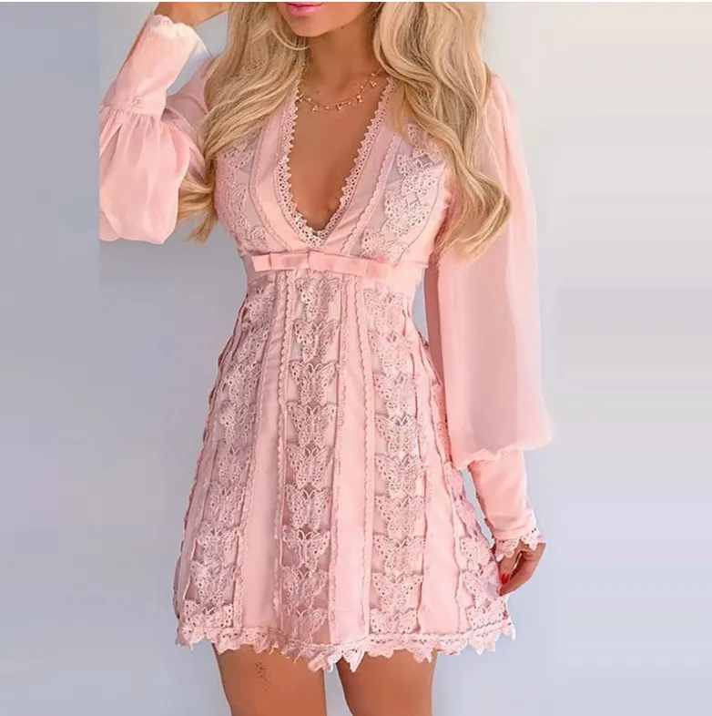 Lace V-Neck Puff-Sleeve Mini Dress