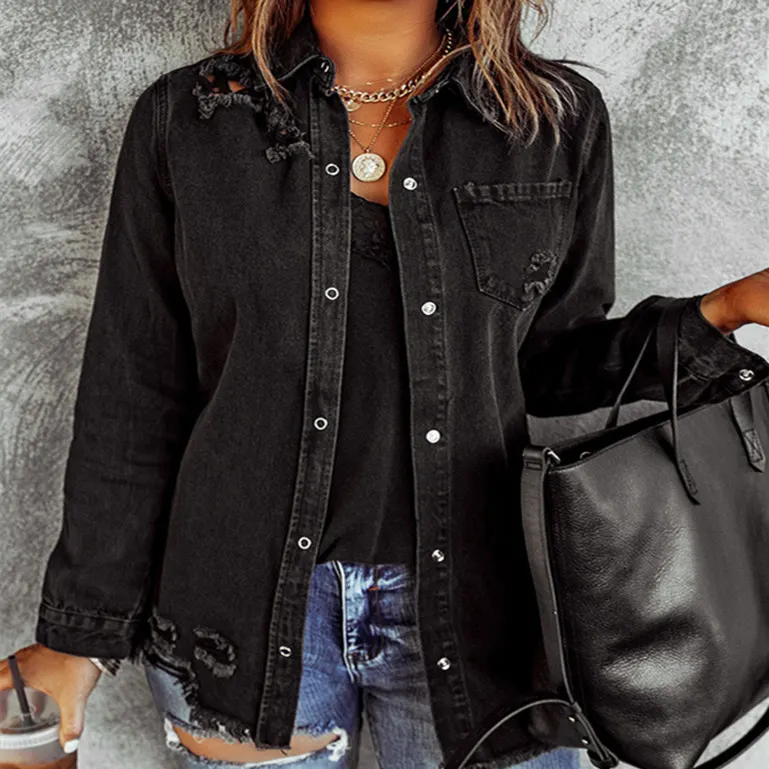 Black Ripped Longline Denim Jacket
