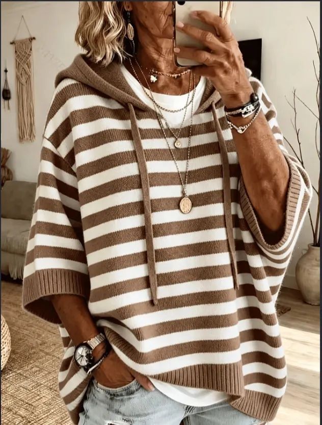 Loose Striped Hooded Knit Pullover