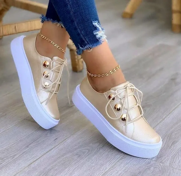Riveted Lace-Up Flat Sneakers