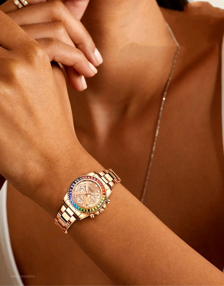 Round Metal Bracelet Watch with Coloured Accents