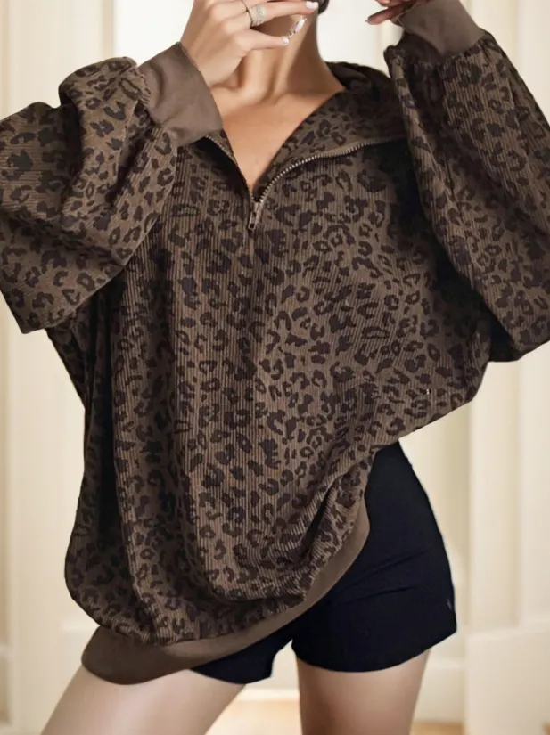 Leopard Print Zip-Up Sweatshirt