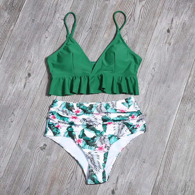 Green Floral Ruffle Two-Piece Swimsuit