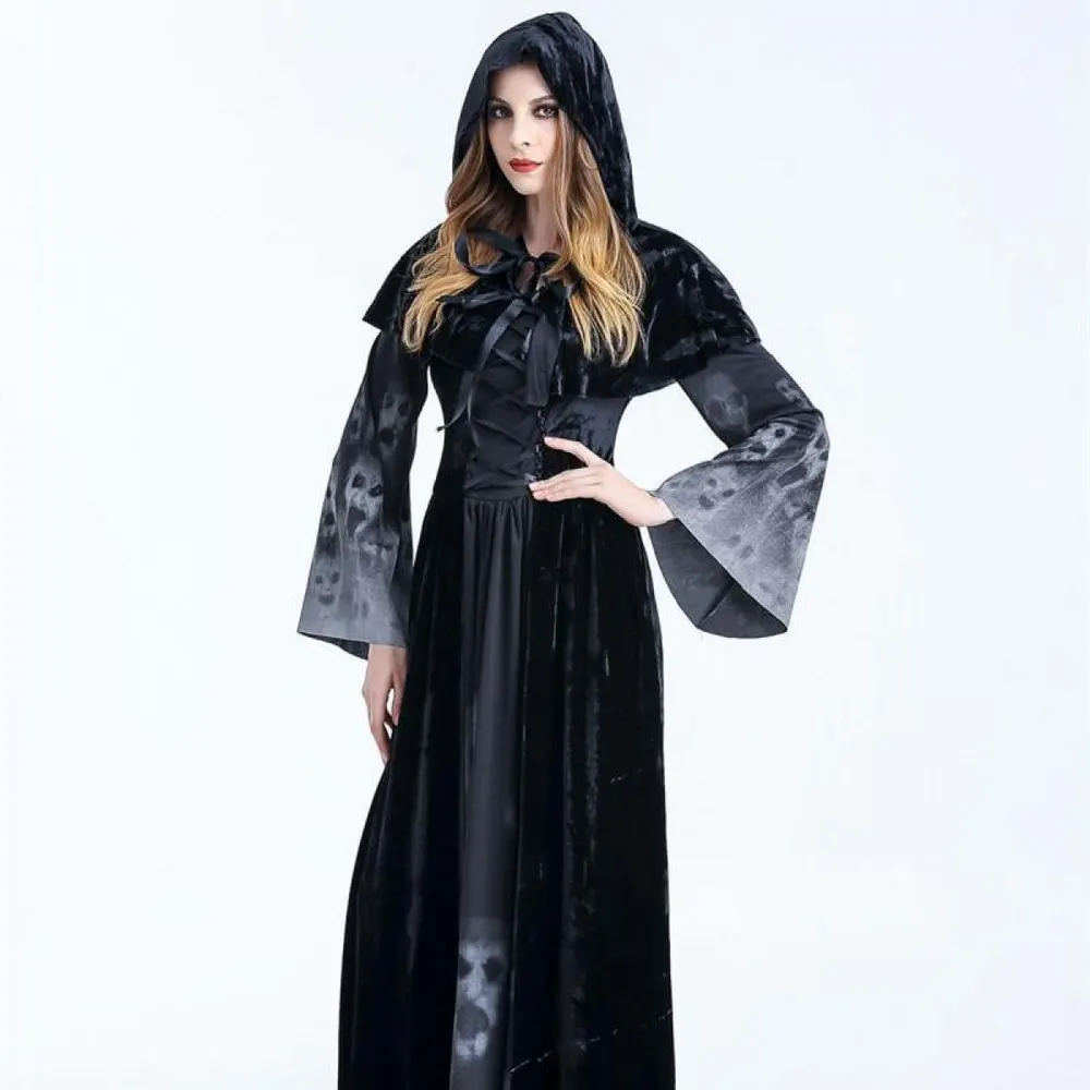 Long Black Hooded Floral Costume Dress