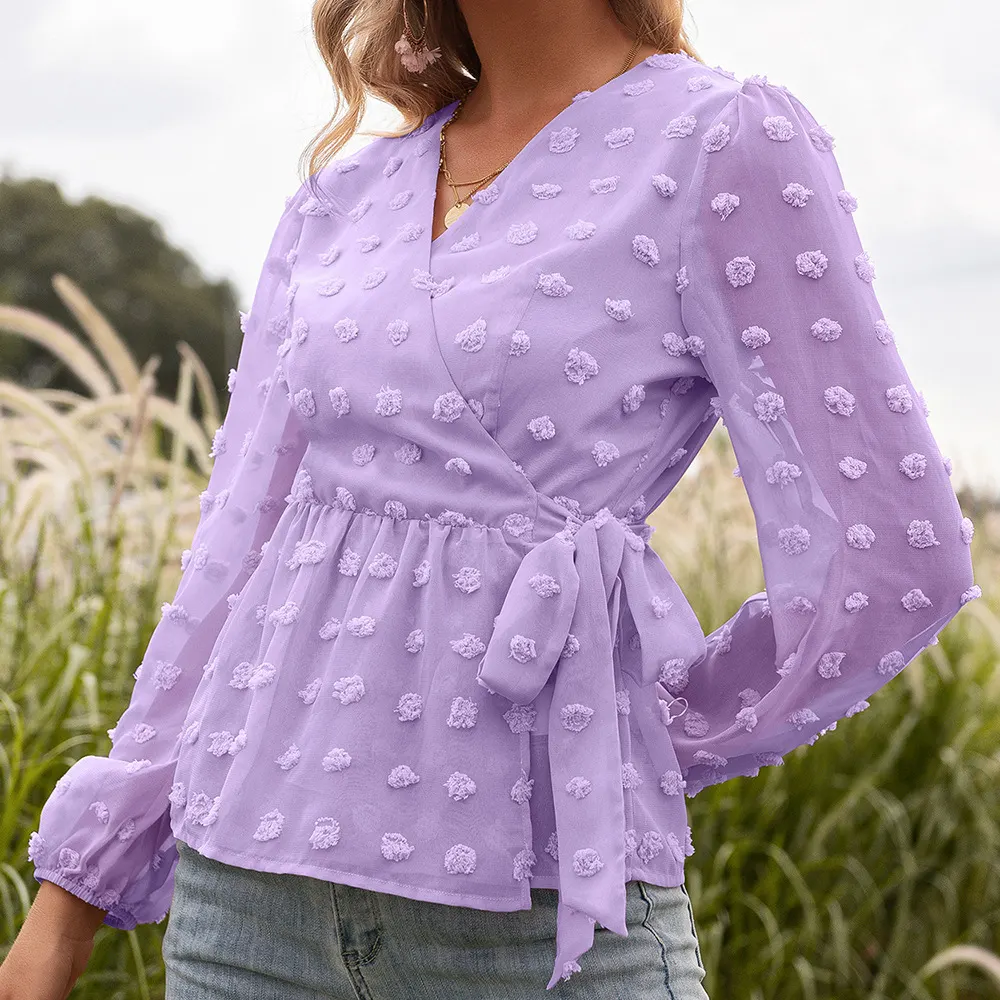 Jacquard Lace V-Neck Long-Sleeve Blouse