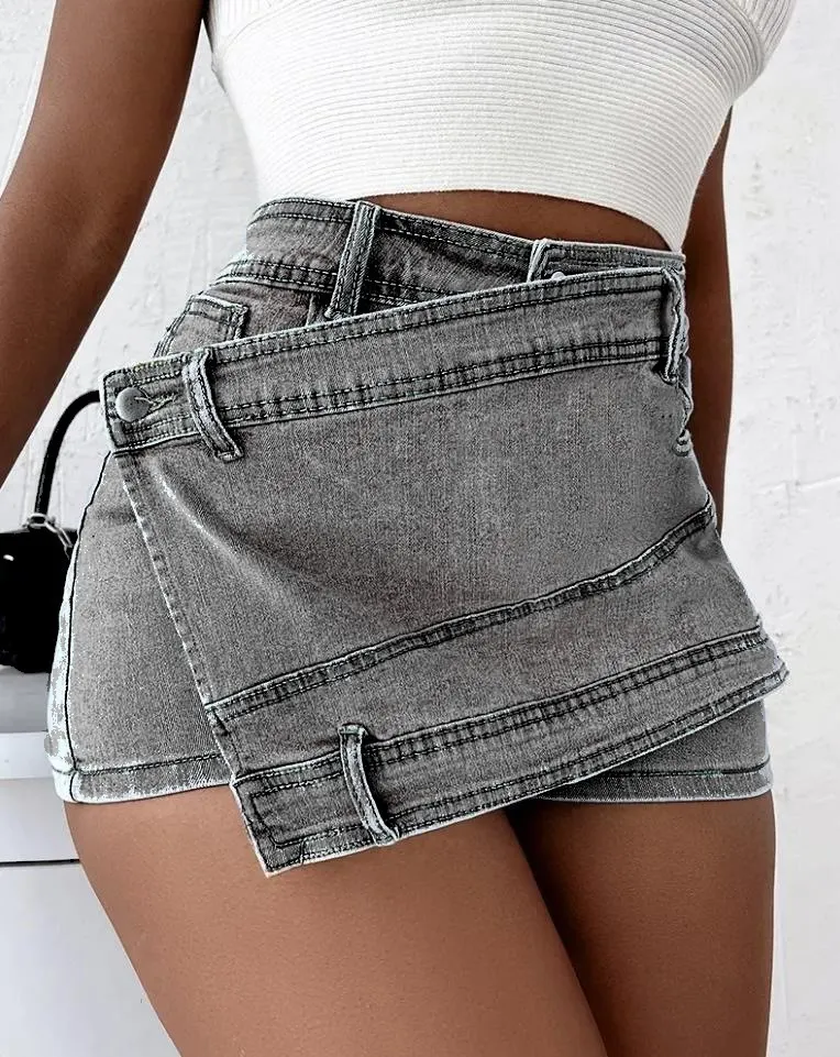 Asymmetric Wrap Denim Skort