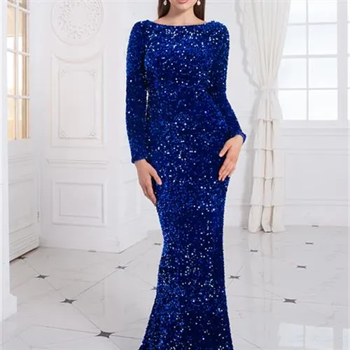 Stretch Sequin Modest Evening Dress